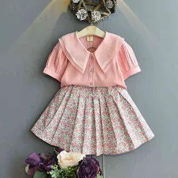 グーポソン夏の子供服半袖ブラウスフラワープリーツスカートファッション韓国の小さな女の子服子供の衣装セットG220310