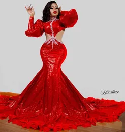 Очаровательные красные блестки вечерние платья длинные пухлые рукава на заказ плюс размер ASO EBI женщины PROM PROMS 2021 дизайнер