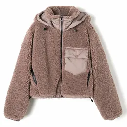 Zimowe damskie szycia mody All-Match Anti-Lamb Wool Zabradzenie Krótka Kurtka Z Kapturem Płaszcz 210521