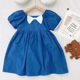 2021 kids clothing Lovely dress O-neck With Bow short sleeve Denim Blue 100% cotton girl Child elegant ins dresses