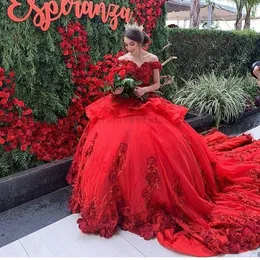 Rote Spitze weg von der Schulter Ballkleider Quinceanera Kleider Lace-up Vestidos De Festia Prom Party Vestidos Geburtstag Prinzessin Kleid