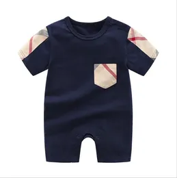夏の赤ちゃん男の子の女の子半袖ロンパース幼児の綿の格子縞のジャンプスーツ幼児の通気性のある片方子供服赤ちゃん服0-2歳