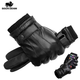 BISON DENIM Męskie prawdziwe skórzane rękawiczki dotykowe Screen Rękawiczki dla mężczyzn zimowe ciepłe rękawiczki pełny palec handschuhe plus velvet s019 y200110
