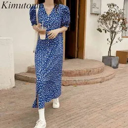 Kimutomo elegante vestido de estampado floral mujeres verano con cuello en v manga corta delgada cintura alta moda coreana una línea vestidos femeninos 210521