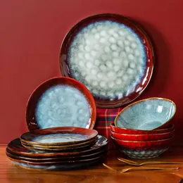 Vancasso Starry 12/24 / 36-stycke middagsset vintage look keramik röd stannämnen porslin set med middag tallrik, efterrätt tallrik, skål 210706