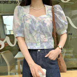 Korejpaa Women Shirt Summer Korean Chic Gentle Square-Neck Ink Color Blooming Design Single-Breasted Puff Sleeve Blouses 210526