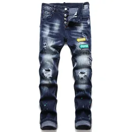 Herren Slim Fit Big Size Lila Jeans Herren Paint Hole Style Destroyed Skinny Straight Leg Washed Casual Regular Denim Hosen Hosen