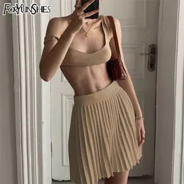 Foryunshes 2 -stycken Set Sticked Women Ribbed Pleated Mini Kjol Set Summer Sexy BodyCon Corset Top High midje strandkjolar kostym 220221