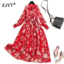 Runway Moda Primavera Manga Longa Bow Collar Floral Print Dress Mulheres Roupas Elegant Midi Casual Bohemian Vestidos Festa Festa 210601