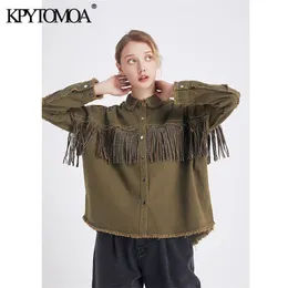 Vintage Snygg Fringe Beaded Loose Denim Jacket Coat Kvinnor Mode Långärmad Frayed Trim Ladies OuterWear Chaqueta Mujer 210818