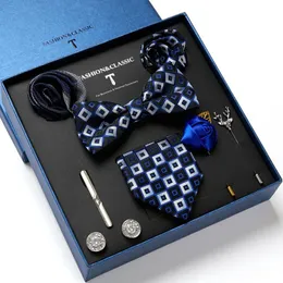 활 타이 스타일 Jacquard Tie Handkerchief Pocket Squares CuffLink 세트 Necktie Box 스트라이프 웨딩 액세서리 현충일