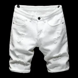 Summer Pure White Black Lightweight Ripped Denim Shorts Classic Brand Clothing Young Men's Slim Straight Casual Jeans