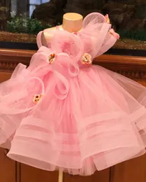 2021 Koronki Różowy Tutu Suknia Balowa Kwiat Dziewczyna Suknie Moda Tulle Eleganckie Lilttle Kids Birthday Pageant Weddding Suknie ZJ01