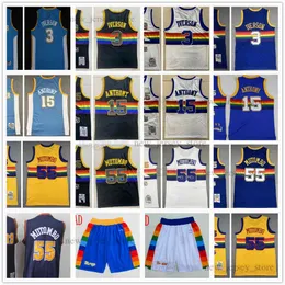 레트로 미첼과 네스 3 알렌 농구 이버슨 저지 스티치 15 Carmelo 55 Dikembe Anthony Mutombo Jerseys 반바지 노란색 흰색 검정색