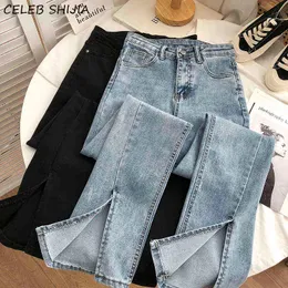 Chic Streetwear Denim Jeans Frau Flare Hosen Hohe Taille Elastische Hose Koreanische Vintage Blau Mom Split 211129