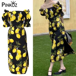 Vintage jaune citron impression slash cou manches bouffantes robe d'été plage décontracté quotidien midi femmes 210421