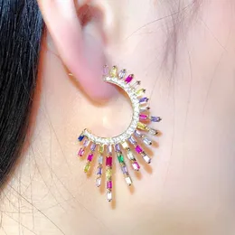 Wspaniałe okrągłe koło Cubic Cyrkonia Pave Multicolor Rainbow CZ Big Długi Stud Kolczyki Luksusowe Chic Boho Jewelry CZ697 210714