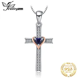 Cross Heart Skapat Blue Sapphire Pendant Halsband 925 Sterling Silver Gemstones Choker Statement Kvinnor Ingen kedja 210721