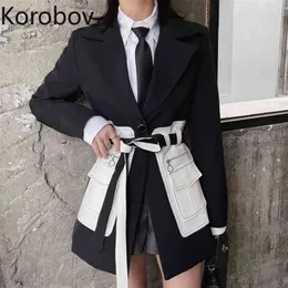 Korobov Mode Personlighet Kvinnor Blazers Koreanska Streetwear Långärmad Sashes Coats HaraJuku Patchwork Fickor Blazer Toppar 210430