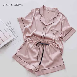 JULY'S SONG Heart Embroidery Women Solid Summer Pajamas Sleepwear Casual Soft Faux Silk Satin Nightwear Homewear