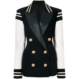 QUALITY Est Fashion Blazer Women's Leather Patchwork Double Breasted Classic Varsity Jacket1