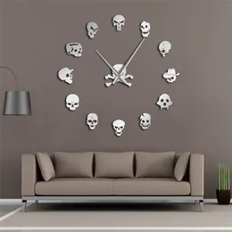 Olika Skull Heads DIY Horror Wall Art Giant Wall Clock Big Needle FrameLess Zombie Heads Stor Wall Watch Halloween Decor 210325