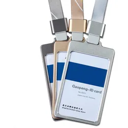 Business High Gloss ID Card Holder With 1.5cm Neck Strap Metal Name Card Case With Lanyard Customize LOGO Porte Badge Holder