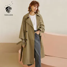 FANSILANEN Trench coat autunno inverno Casual manica a sbuffo lunga giacca a vento Donna cachi cintura elegante sopra femme 210607