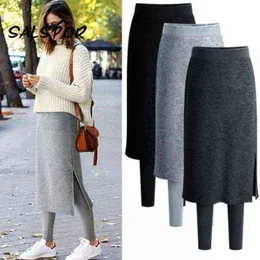 SALSPOR Fake Two-Piece Leggings Women Winter Warm Fleece Fashion Slim-Fit Spring Autumn Legging Long Skirt High Waist Fashion 211117