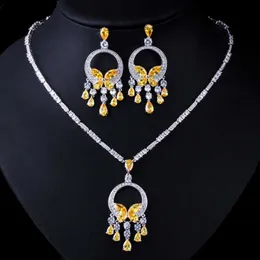 CWWZircons Noble Yellow Cubic Zirconia Stone Tassel Drop Big Necklace och örhänge Högkvalitativa Kvinnor Prom Party Smycken Set T026 H1022