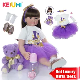Keiumi mjuk silikon återfödd baby docka 60cm LifeLike 24 '' Reborn Menina Långt hår Kids Playmate Cloth Body For Birthday Surprise Q0910
