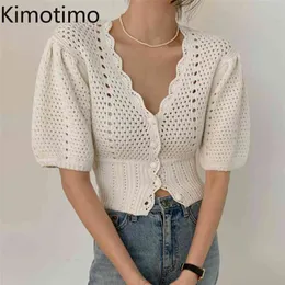 Kimotimo Solid Cardigan Kobiety Koreański Chic Temperament V Neck Pojedynczy Bierowany Talia Sweter Sweter Puff Sleeve Hollow Out Out Damskie Topy 210806