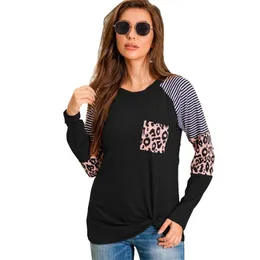 Damska Koszulka Atriped T-shirt Jesień Moda Okrągły Neck Leopard Print Pocket Knot Bottom Hem Casual Loose Street Długi rękaw 210522