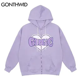 Gonthwid Hip Hop Zip Up Bluza z kapturem Kurtka Harajuku Heart Print Zipper Hoodie Coat Męskie Bawełna Jesień Purpurowy Pink 220301