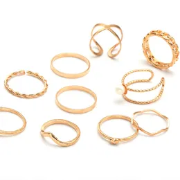 10 Piec Pérolas e Amor Knotted Liga de ondas de ondas de ouro anel de jóias de ouro para mulheres e homens
