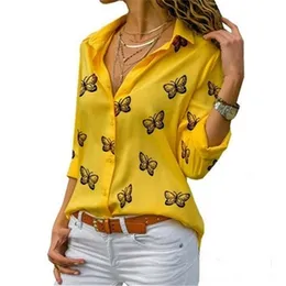 Höst kvinnor fjäril utskrift lös lapel gul skjortor blusa kontor ol kvinnlig arbete kläder topp blus plus storlek 210719