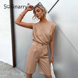 Sollinarry Sem mangas Top Straight Perna Shorts Jumpsuit Romper Khaki O Neck Top Curto Largno Macacão Perna Verão Causal Causal Terno 210709