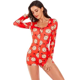 OMSJ Long Sleeve Skinny Romers Women Jumpsuits Casual Red Cookie Print Nightwear Playsuit Female Sexy V-neck Bodycon Outfit 210517