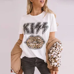 Kvinnor Kortärmad Toppar Tshirt Leopard Lips Kiss Printed Round Neck 2020 Sommar Bomull Lös T-shirt Tee Toppar Streetwear X0628