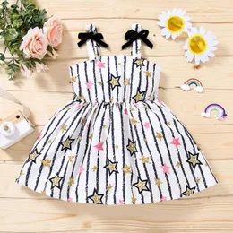 Vestidos menina 2022 infantil meninas meninas verão vestido sem mangas estrela listrada Bowknot Imprimir Suspender Princesa Casual Crianças roupas