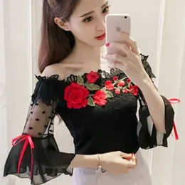 Short Sleeve Summer Lace Blouse Tops Blouse Women Blusas Mujer De Moda Verano Embroiderey Slash Neck Off Shoulder Top E654 210426