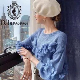 Dabuwawa秋の女性ニットセーターエレガントOネックランタンスリーブ女性セータープルオーバーフリルファッションレディースDT1DKT027 210520