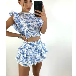 High Quality Sunday Set elastic waistband Cropped top with ruffle detail and cute mini shorts skirts 220221