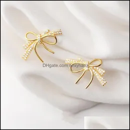 기타 귀걸이 보석 Doreen Box 925 Sterling Sier Bow Knot Sweet Elegant Elegant Stud Clear Rhinestone Fine Fine Fine 21mm x 16mm Drop Delivery 202