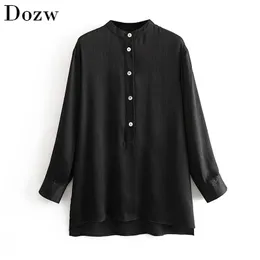 Solid casual blouse kvinnor lös långärmad tunika tröjor stå krage damer kontor svart blusar toppar camisas mujer 210515