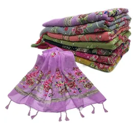 Cotton Linen Floral Embroidery Long Scarf Women Scarves Pashmina Shawl and Wrap Muslim Hijabs Tassel Rhinestone Headscarf Ethnic