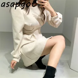 Asapgot Koreanische Chic Herbst Winter Vintage Slim A-linie Hohe Taille Lange Puff Sleeve Kleid Mini Lose Beiläufige Vestido De mulher 211206
