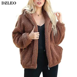 Dzleo Fluffy Women Coats Faux Wool Mieszanka Ciepła Kurtka Zimowa Płaszcz Zip Up Długim Rękawem Oversized Moda Odzieżowiec Fur Coat 211110