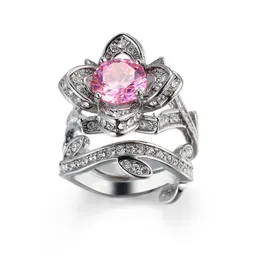 Silver Plated Ring Luxury Austrian Crystal Finger Eternity Ring with Purple AAA Cubic Zirconia Rose Flower Ring Jewelry