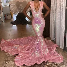 Pink Mermaid Prom Dresses 2021 Sparkly V-Neck Sexy Party Dress Cekiny Czarnej Girl Suknie wieczorowe Dostosuj